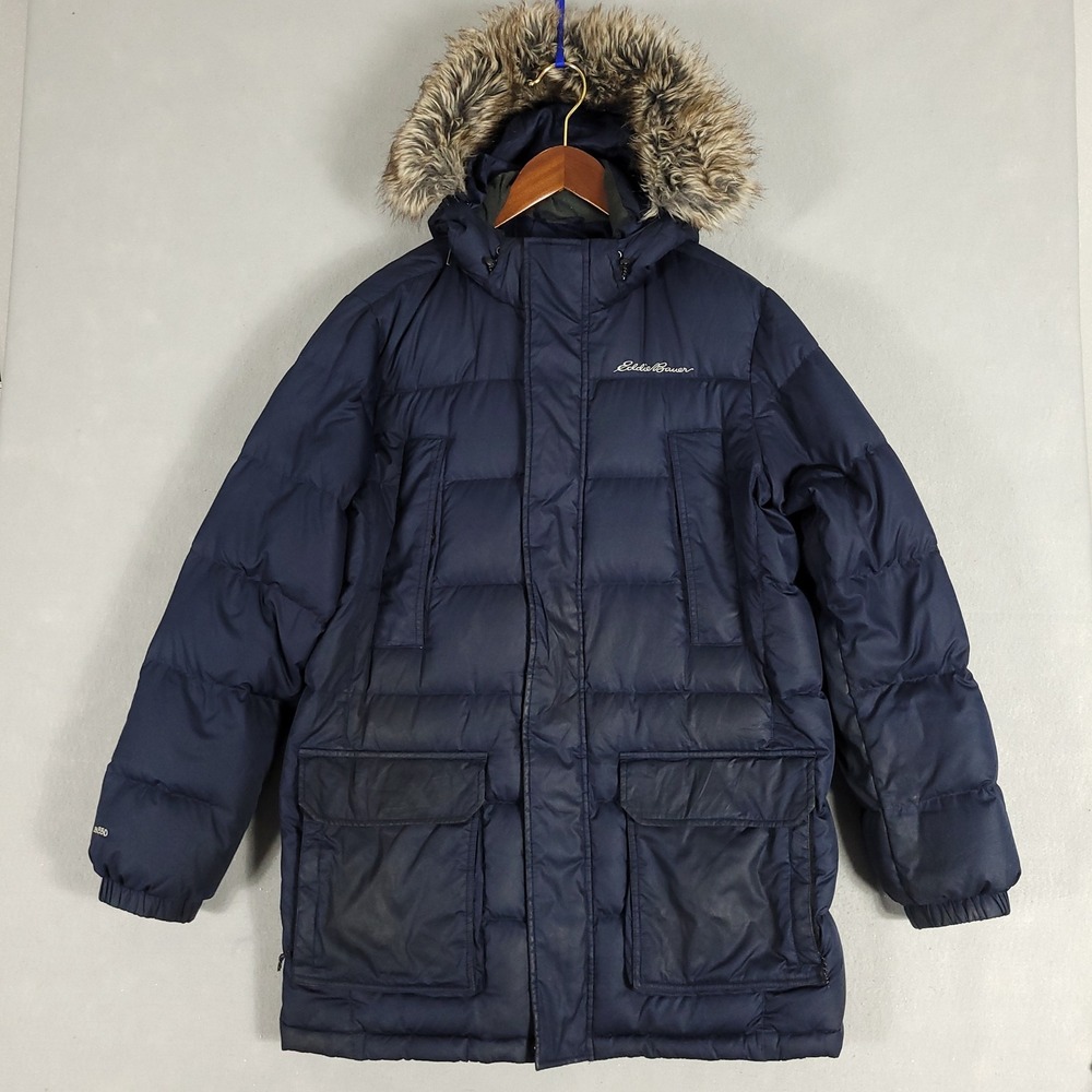 Eddie Bauer Parka Mens L Navy Blue Down Puffer Regular Polyester EB550